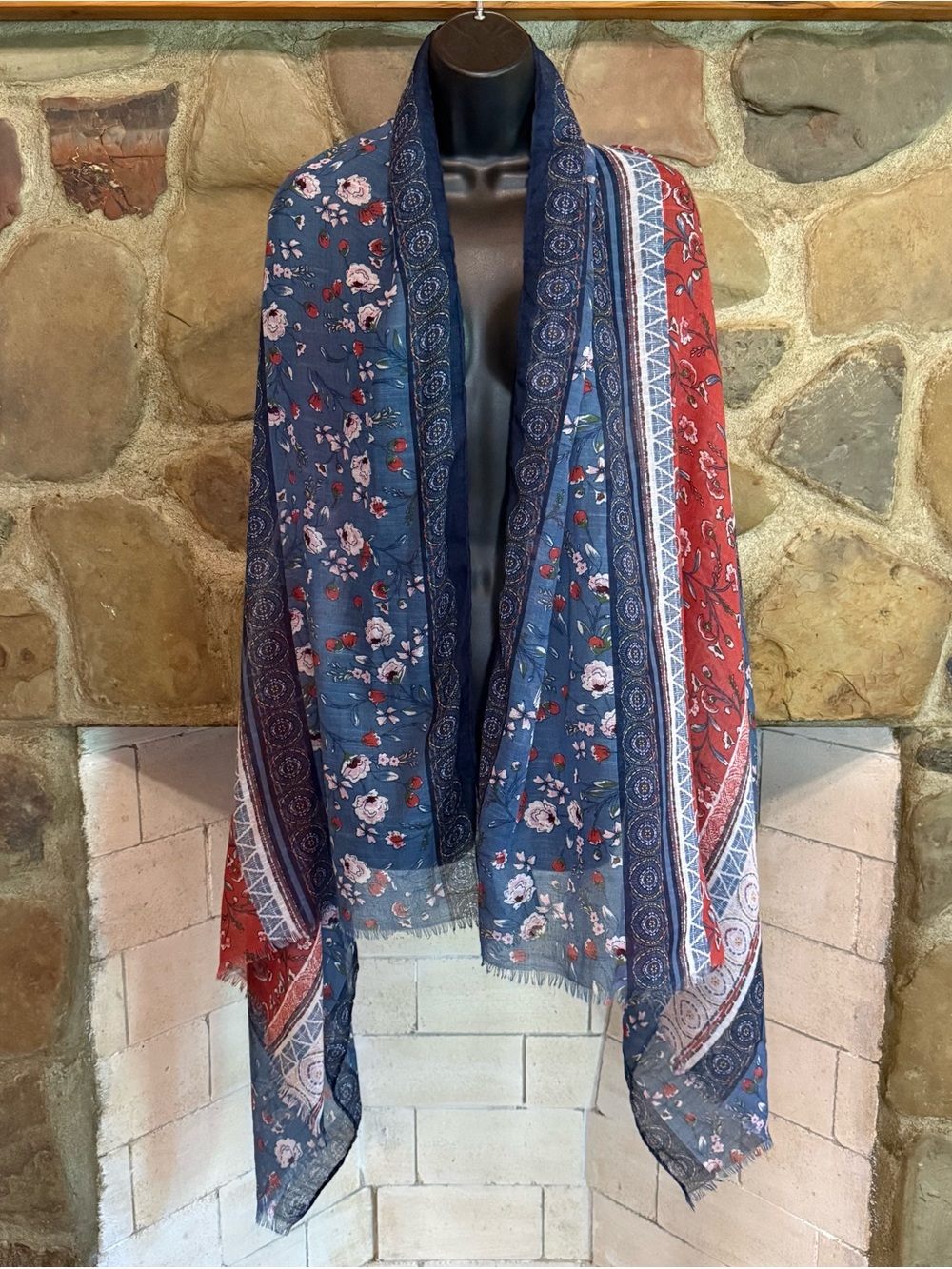 Boho Mixed Floral Print Wrap Scarf Shawl Kimono Poncho Lightweight Fringe